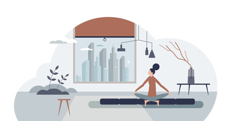 Minimalist living in home with simple and clean design tiny person concept, transparent background. Calm lifestyle with idyllic mindfulness practice.