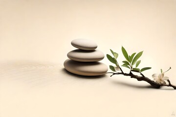zen stones and small stick with leaves 