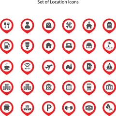 Pin map symbol icon set, place of government, official, religious, cabaret, public health, travel, transport, relaxation, museum, airport, hospital, station, park, academy, gas station, stadium, city.
