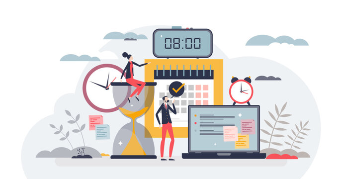 Time management for effective and productive work plan tiny person concept, transparent background. Project organization and business efficiency illustration. Daily schedule and agenda.