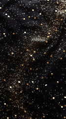 Golden glitter on black fabric background. Christmas and New Year concept.