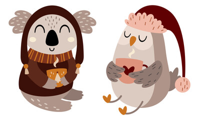 Winter animals clipart with cute koala and owl in cartoon flat style. Vector illustration