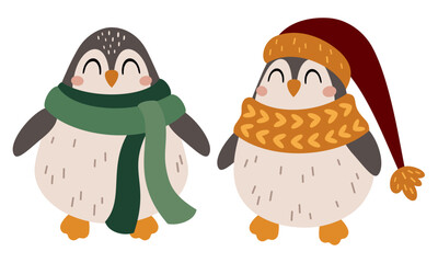 Christmas penguin clipart in cartoon flat style. Cute winter penguins vector illustration