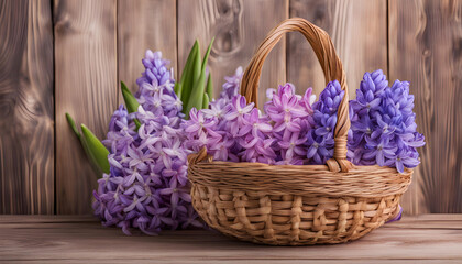 Hyacinth basket on a wooden background 