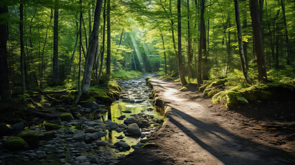 Path through forest with sun filtering through trees. - Powered by Adobe
