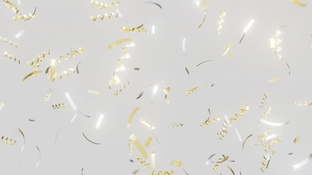 Golden flickering confetti party popper falling on light backgrounds, 4K greeting holiday animated wallpaper