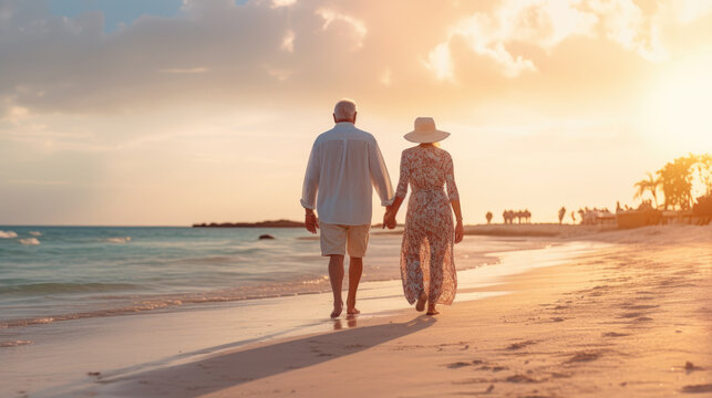 An elderly couple lovingly holds hands as they walk along a serene beach, with the golden hues of sunset reflecting on the ocean waves and sand.