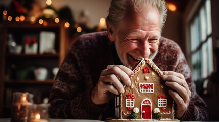 An elderly man with a white beard and glasses is smiling joyfully while holding a gingerbread house, with Christmas lights creating a bokeh effect in the background. - obrazy, fototapety, plakaty
