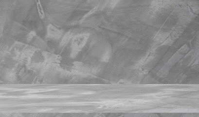 background and concrete backdrop and cement shelf showing products in black and gray , empty studio interior and with empty messages background