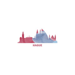 The Hague watercolor cityscape skyline city panorama vector flat modern logo, icon. Netherlands, Holland town emblem concept with landmarks and building silhouettes. Isolated graphic