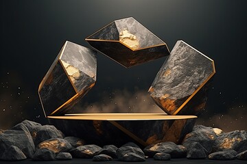 Black AND GOLD geometric Stone and Rock shape background, minimalist mockup for podium display or showcase