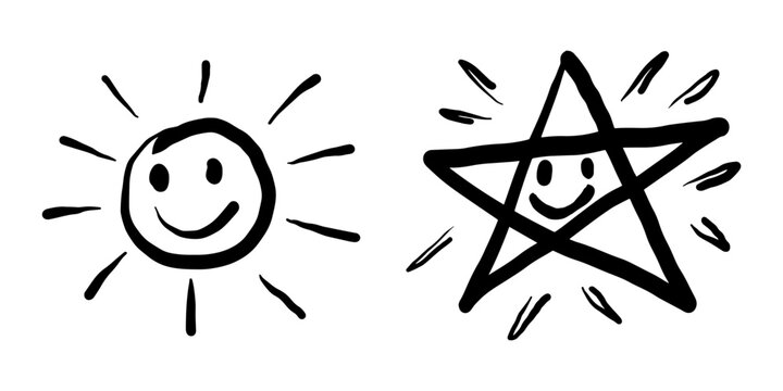 Doodle set cartoon expressions effects sun and star. Kids drawing. vector illustration