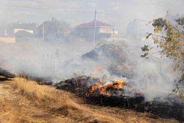 Poster steppe fires during severe drought completely destroy fields. Disaster causes regular damage to environment and economy of region. The fire threatens residential buildings. Residents extinguish fire © Aleksandr Lesik