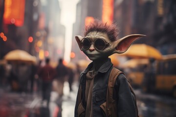 boy in a mask of goblin on the street of the city at night - obrazy, fototapety, plakaty