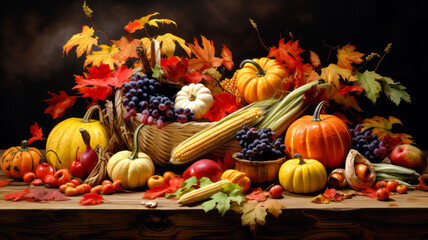 Thanksgiving Abundance.  Generated Image.  A digital rendering of a large abundance of food and product for the harvest and Thanksgiving season.
