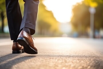 Legs of a businessman in fashionable shoes walking outdoors. Business concept. Close-up view to the businessman in a black new shoes walks on the street. Stylish men wears. Low angle. Rear view