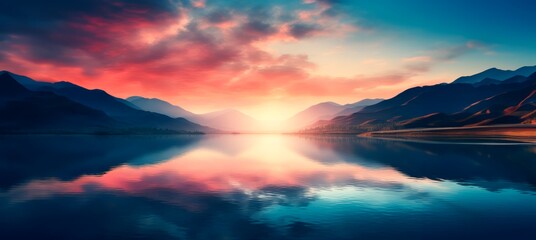 panoramic  vibrant and warm sunrise or sunset over a serene lake, with colorful reflections shimmering on the water, and snowy mountains in the background 