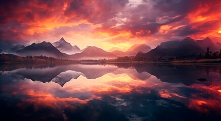 panoramic  vibrant and warm sunrise or sunset over a serene lake, with colorful reflections shimmering on the water, and snowy mountains in the background 