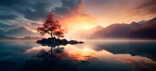 Deurstickers panoramic  vibrant and warm sunrise or sunset over a serene lake with trees on forefront , and  colorful reflections shimmering on the water, and snowy mountains in the background  © XC Stock