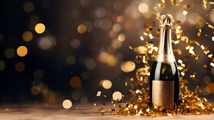 Celebration background with golden champagne bottle, confetti stars and party streamers. Christmas, birthday or wedding concept. copy space. - obrazy, fototapety, plakaty