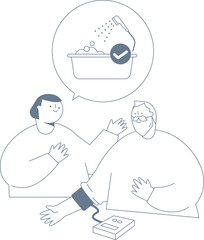 An elderly man and woman measure their blood pressure to see if they can take a bath.