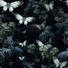 Dark moth cartoon repeat pattern, insect ethnic death gothic art  - obrazy, fototapety, plakaty