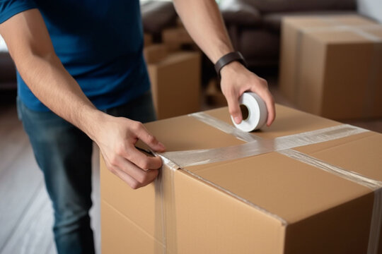 A man uses adhesive tape to packing cardboard box, Moving home concept