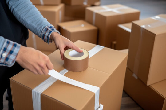 A man uses adhesive tape to packing cardboard box, Moving home concept