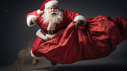 Fototapeta premium Santa Claus in a dynamic pose, carrying a large red sack over his shoulder with a jovial and spirited expression on his face