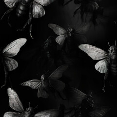 Dark moth cartoon repeat pattern, insect ethnic death gothic art  - obrazy, fototapety, plakaty