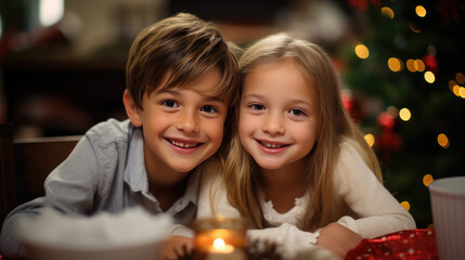 Obraz na płótnie Canvas Two cheerful children, a boy and a girl, possibly siblings, sitting at a dinner table with a festive Christmas tree in the background, smiling warmly at the camera.