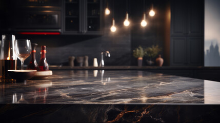 luxurious dark marble kitchen countertop, pristine and empty, providing a sleek and elegant backdrop for culinary presentations or design concepts.