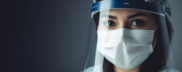 A young doctor portrait in protective mask on gray background, Medical specialist in professional uniform, Face shield, Beautiful brunette girl in protective gear, Confident nurse, Panoramic crop