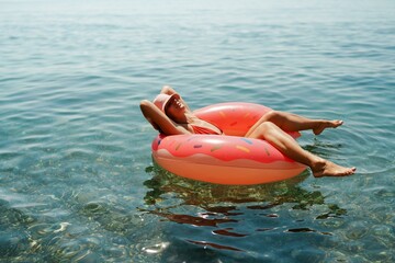 Summer vacation woman in hat floats on an inflatable donut mattress. Happy woman relaxing and enjoying family summer travel holidays travel on the sea.