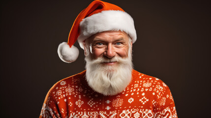 Man with a white beard dressed in a traditional Santa Claus costume, complete with a red hat with fluffy pom-poms, in front of a dark background with glowing bokeh lights