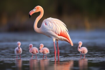 Fototapeta premium A Flock of greater flamingo with young flamingo in shallow water