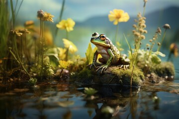A frog looks out of the water plants on the shore of a lake