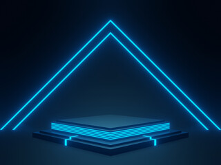 3D scientific black geometric podium with blue neon lights.