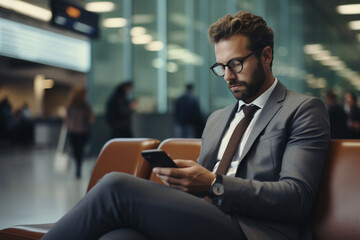 Naklejka na ściany i meble Airport Terminal, Businessman Uses Smartphone, Waiting for a Flight, Doing e-Business, Sending e-Commerce Data, Traveling Man Remote Work Online on Mobile Phone in Boarding Lounge of Airline Hub