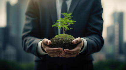 Businessman analyze investment sustainability, environmental protection concept, sustainable development, green energy recycle, Net zero and carbon neutral.