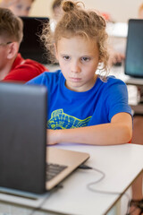 Computer classroom in elementary school. Schoolboy working on laptop computer. Schoolchildren getting modern technology education.