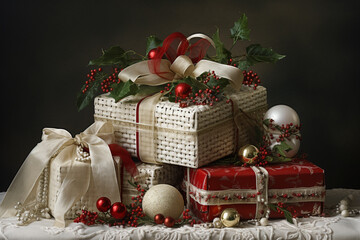 christmas and new year gifts on table. AI generated.