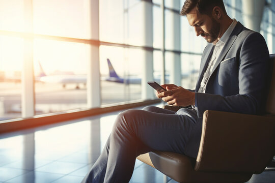 Airport Terminal, Businessman Uses Smartphone, Waiting for a Flight, Doing e-Business, Sending e-Commerce Data, Traveling Man Remote Work Online on Mobile Phone in Boarding Lounge of Airline Hub