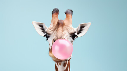 Giraffe blowing bubble gum on pink a background - obrazy, fototapety, plakaty