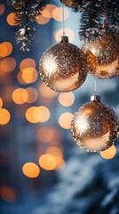 Christmas ball handing on and out of focus in front of bokeh night background. AI generated.