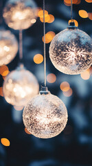 Christmas ball handing on and out of focus in front of bokeh night background. AI generated.