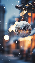 Christmas ball handing on and out of focus in front of bokeh night background. AI generated.