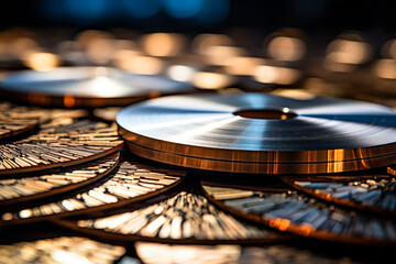 Professional industrial grinding and abrasive wheels on a workshop table, close-up.
