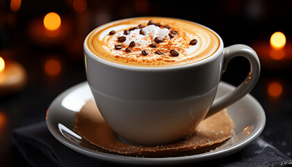 Obraz premium Exquisite latte art in a ceramic cup on a dark backdrop.