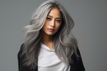 Asian lady with loose grey hair poses for camera on light background